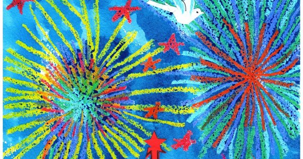 «Праздничный салют над городом» (восковые мелки + акварель)