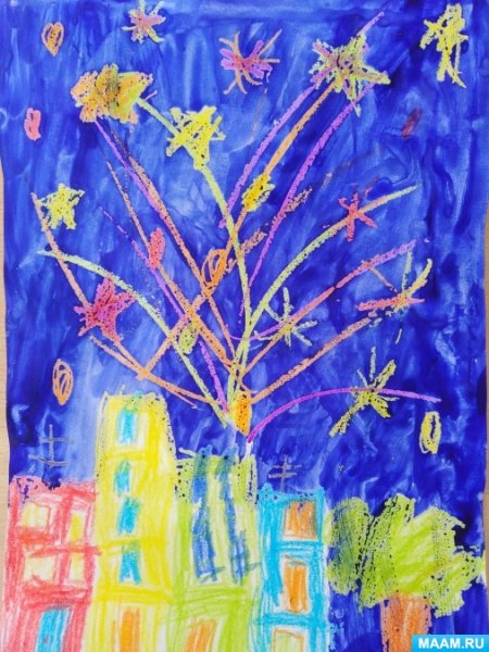 Праздничный салют восковые мелки акварель