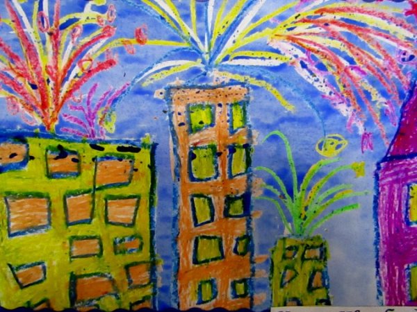«Праздничный салют над городом» (восковые мелки + акварель)