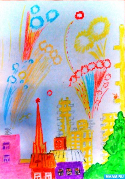 Рисование восковыми мелками салют