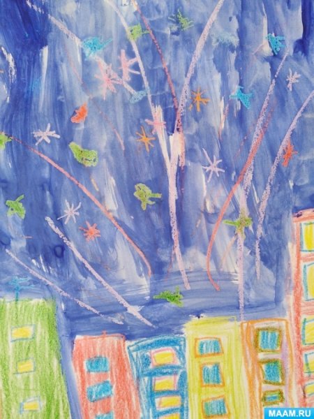 Рисование праздничный салют восковыми мелками и акварелью