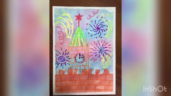 Рисунки салют Победы восковыми мелками и акварелью