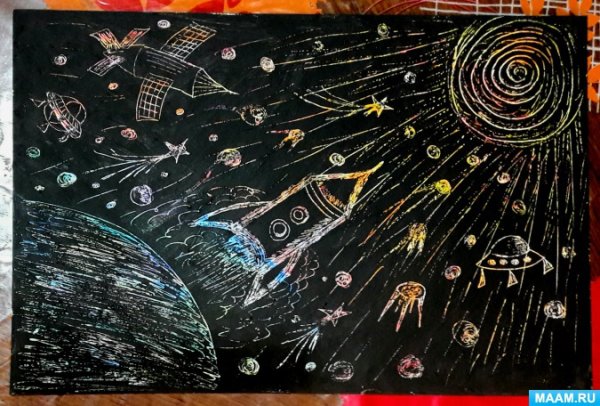 Техника граттаж космос