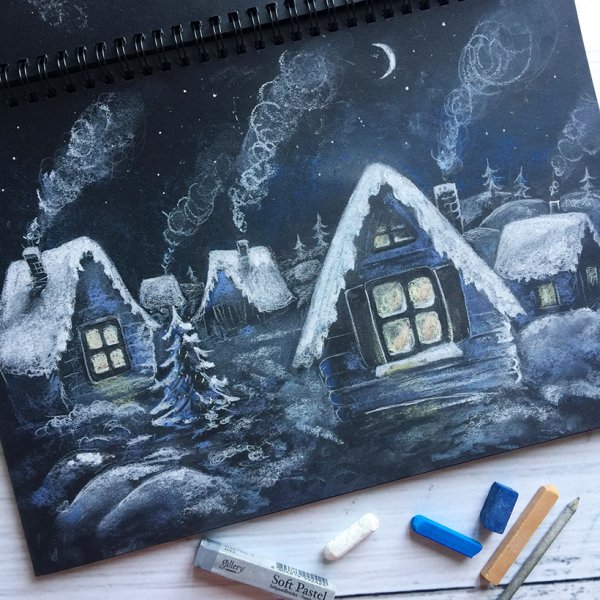 Новогодний пейзаж масляной пастелью