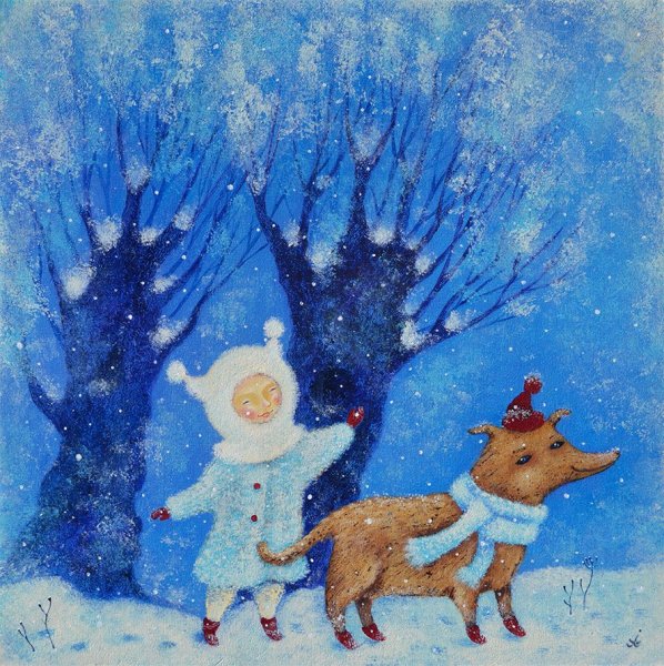 Белка зимой акварель