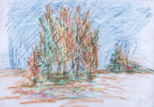 Пейзаж осени цветными карандашами