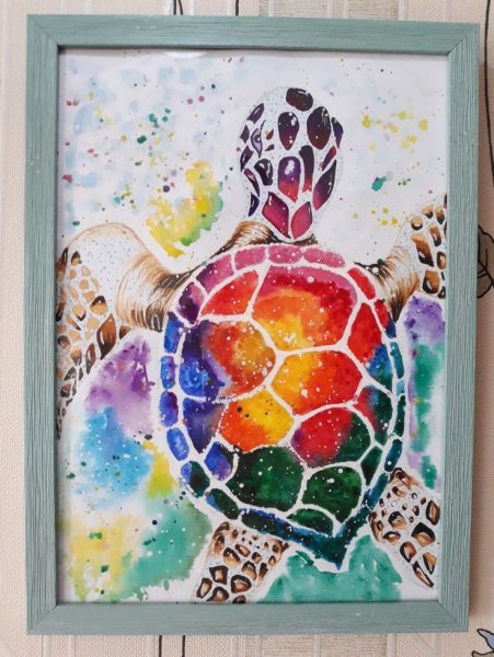 Черепаха восковыми мелками и акварелью