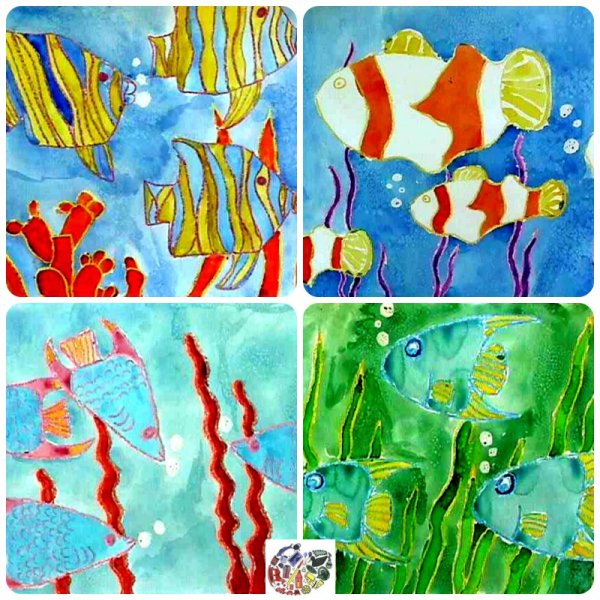 Аквариум восковые мелки и акварель