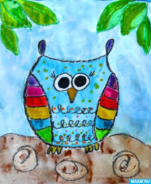 Сова восковыми мелками