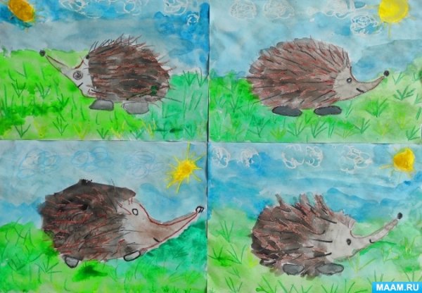 Рисунок еж восковые мелки