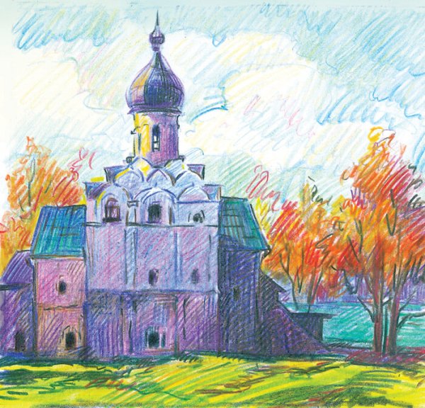 Церковь цветными карандашами