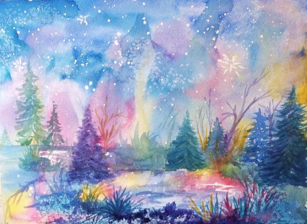 Северное сияние акварелью для детей