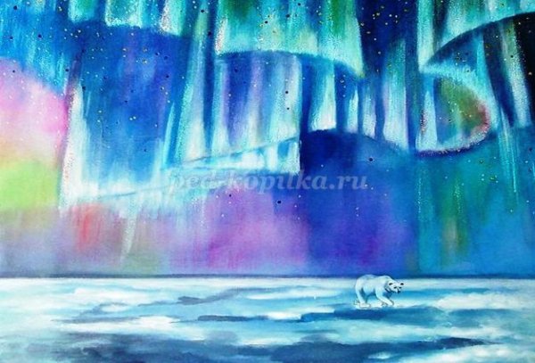 Северное сияние восковыми мелками и акварелью
