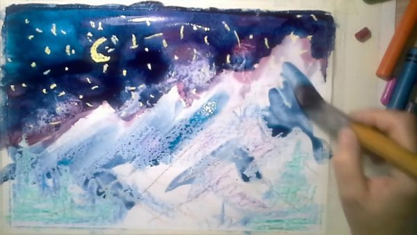 Северное сияние восковыми мелками и акварелью