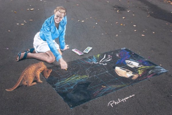 Кот мелом на асфальте