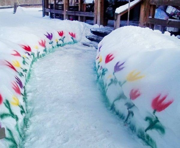Рисование на снегу цветной водой