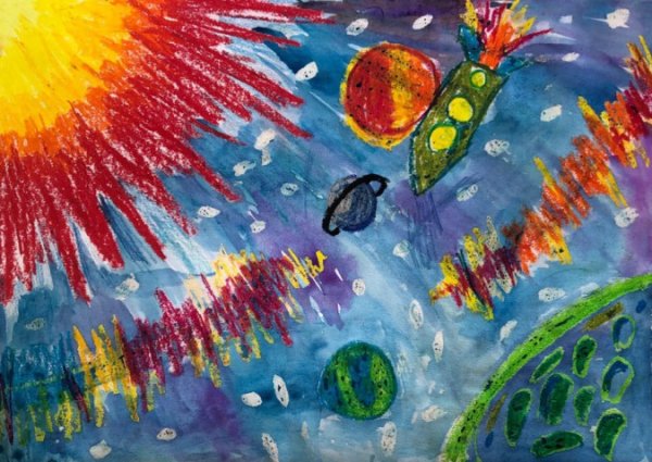 Космос восковые мелки и акварель