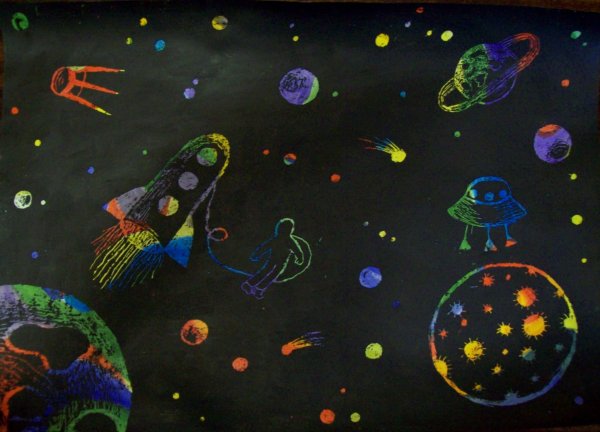 Рисование космоса восковыми мелками и акварелью