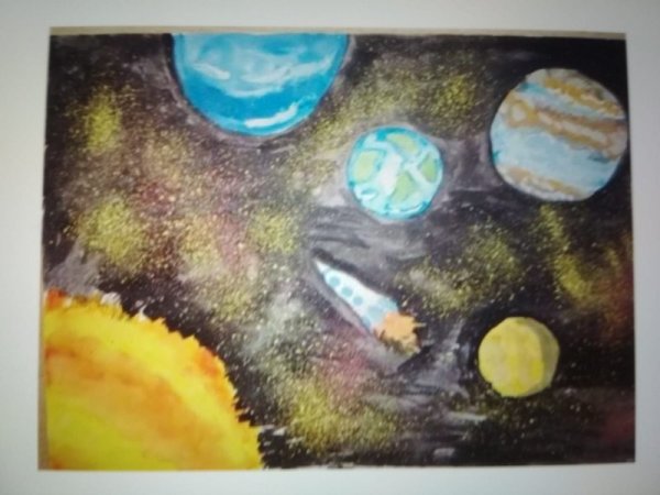 Рисование восковые мелки и акварель "космические дали"