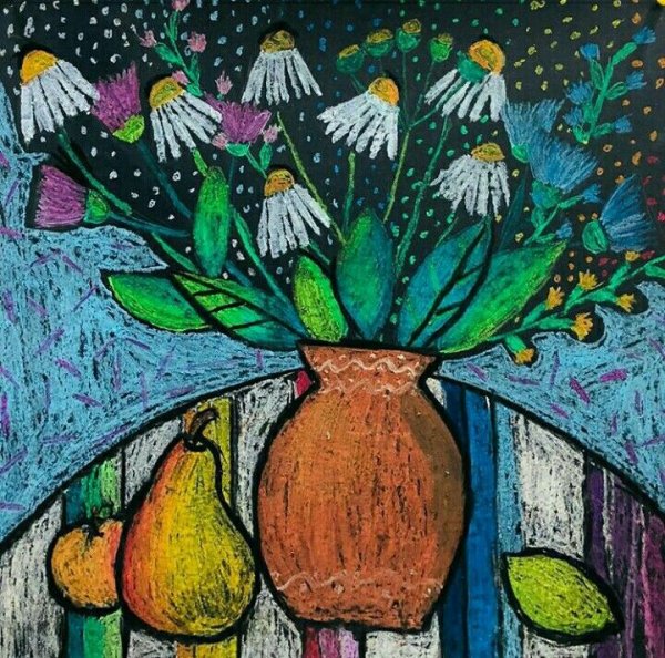 Ваза с цветами рисунок мелками