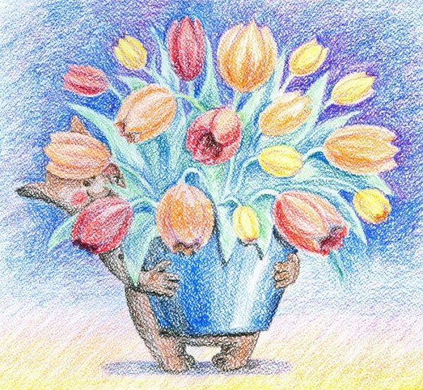 Ваза с цветами цветными карандашами