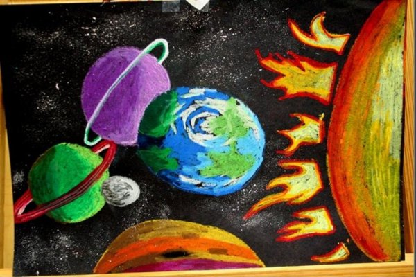 Космос восковыми мелками и акварелью