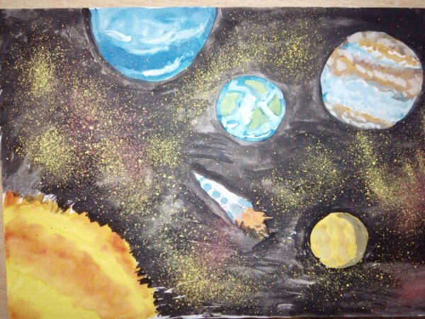 Рисование восковые мелки и акварель "космические дали"