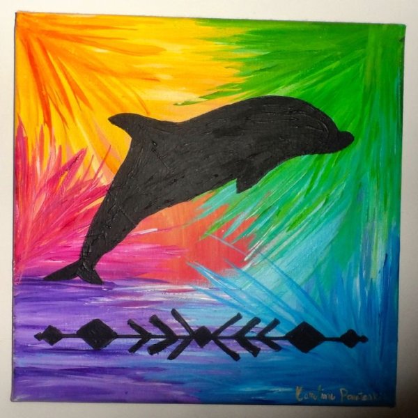 Пейзаж с дельфинами в красках