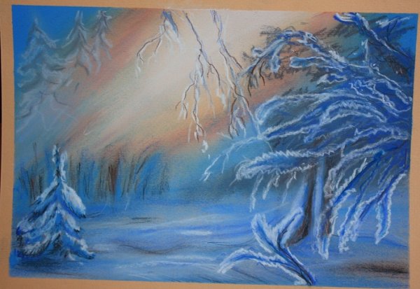 Зимний пейзаж пастелью для детей