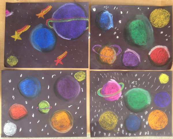 Нарисовать космос акварелью и мелками