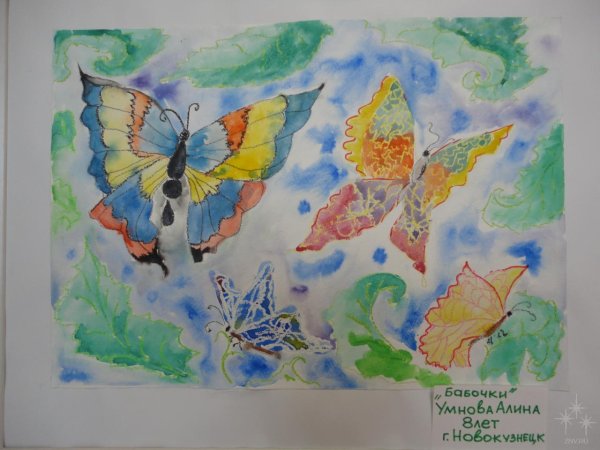 Рисование бабочек восковыми мелками и акварелью