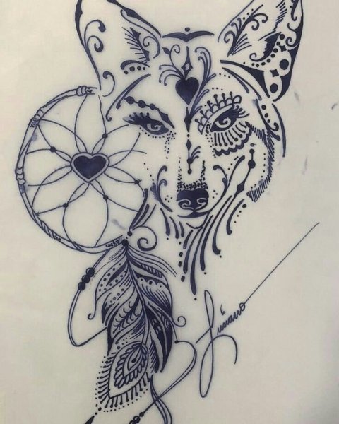 Эскиз тату лиса и Ловец снов