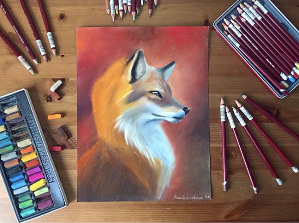Лиса масляной пастелью