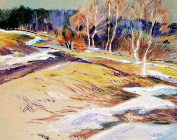 Весенний пейзаж цветными карандашами