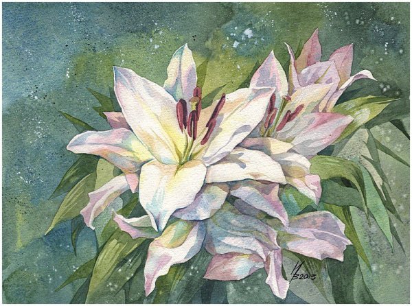 Акварель кошарик лилии