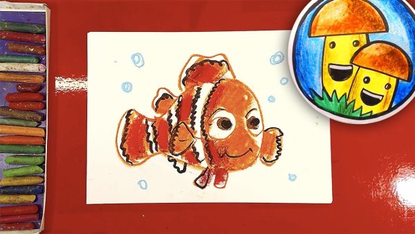 Рыба кит папа рисует масляной пастелью