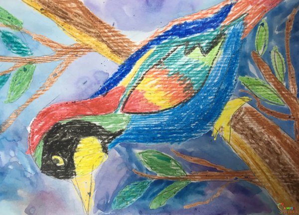 Птица рисование восковыми мелками и акварелью