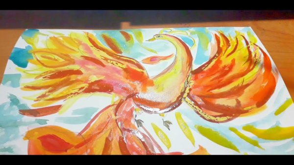 Жар птица гуашью для детей