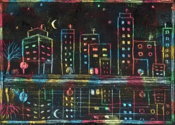 Ночной город в технике граттаж