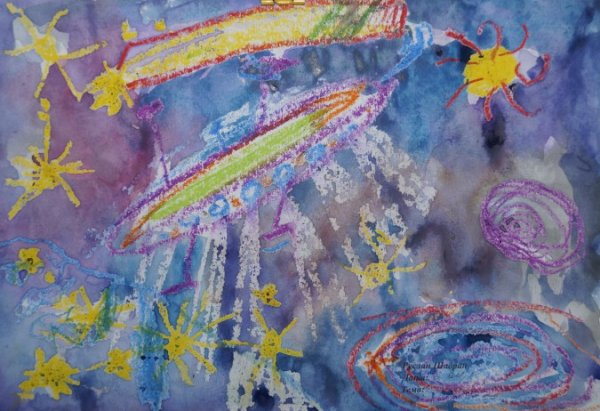 Рисование восковые мелки и акварель "космические дали"