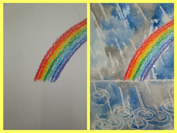 Рисование дождя мелками и акварелью