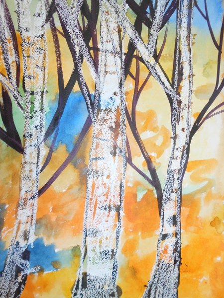 Пейзаж восковыми мелками и акварелью