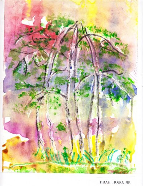 Дерево акварелью и восковыми мелками