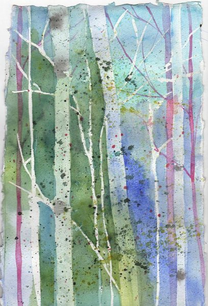 Рисование береза свечкой и акварелью