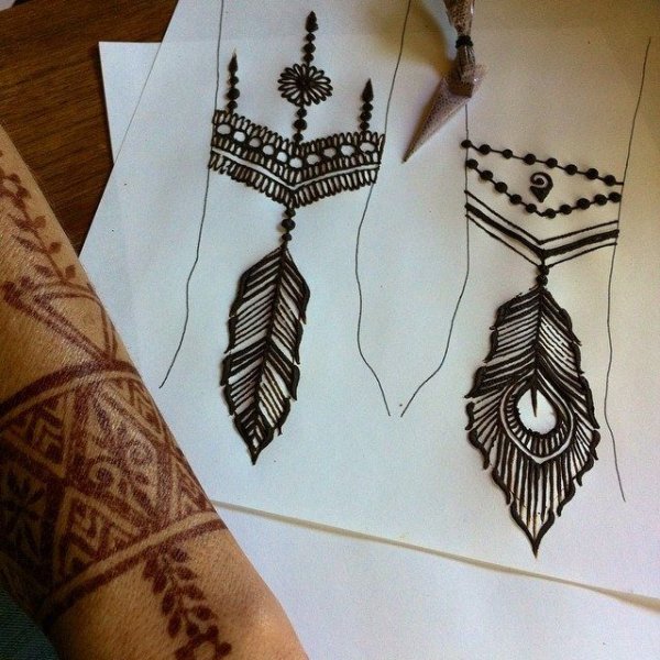 Мехенди на запястье легкие перо