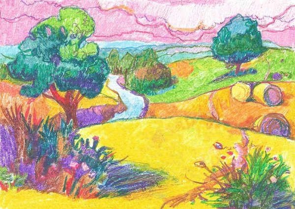 Пейзаж цветными карандашами для детей