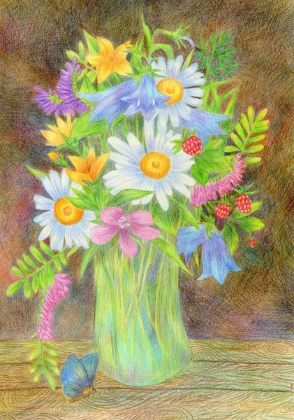 Цветочный натюрморт цветными карандашами