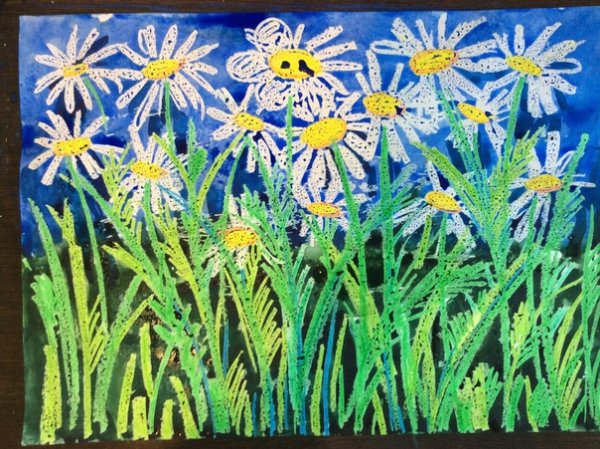 Цветы восковыми мелками и акварелью