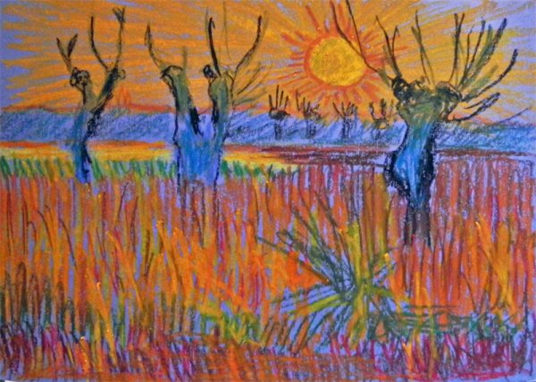 Пейзаж восковыми мелками для детей