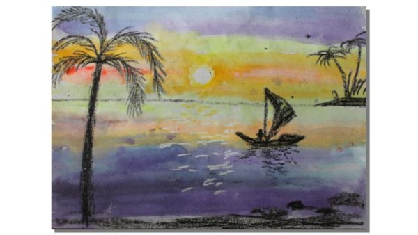 Пейзаж восковыми карандашами